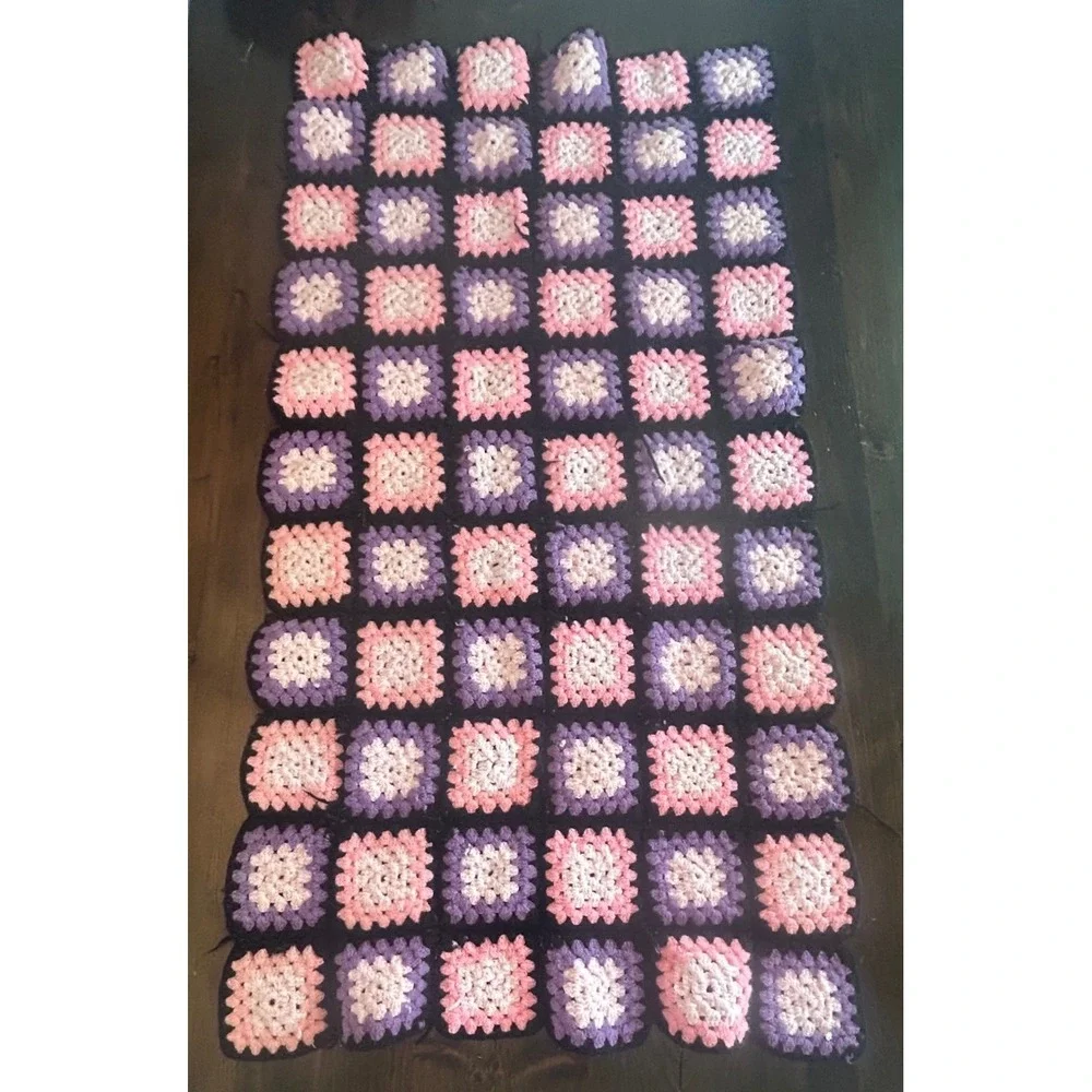 Granny Square Crochet Blanket Pink Purple Black 70s Retro Handmade Cottagecore